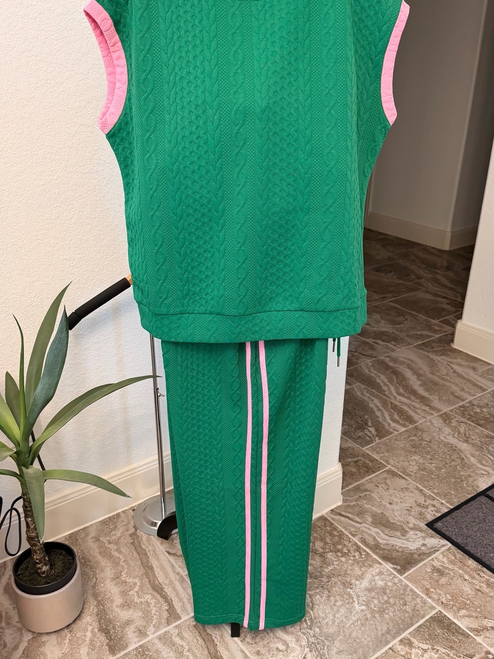 Green Knit Two-Piece Jumpsuit with Pink Trim